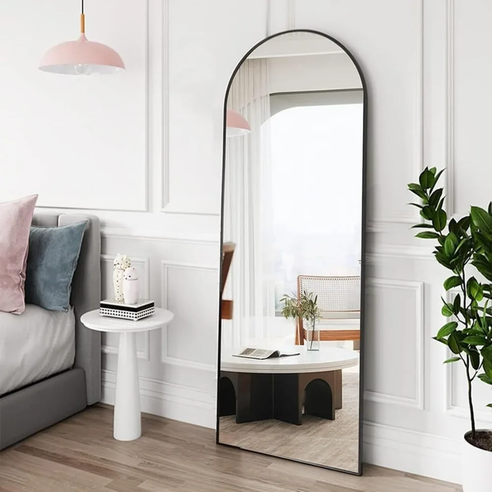 Gebogen vloerspiegel voor het hele lichaam, 56x20 zwart frame, staand of wandmontage, hangende of leunende opties, grote spiegel voor thuis