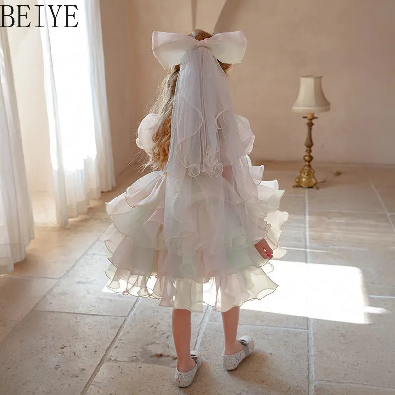 Girls' Flower Wedding Princess Dress Colorful High End White Cake Dress Children's Lolita Popular Popular Beautiful Dress