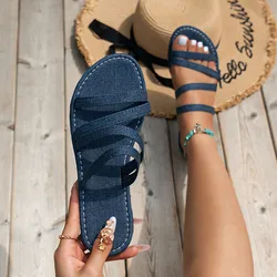 Women Denim Slippers Summer Solid Casual Open Toe Flat Bottom Breathable Shoes Fashion Elegant Dressy Daily Sandals Slippers