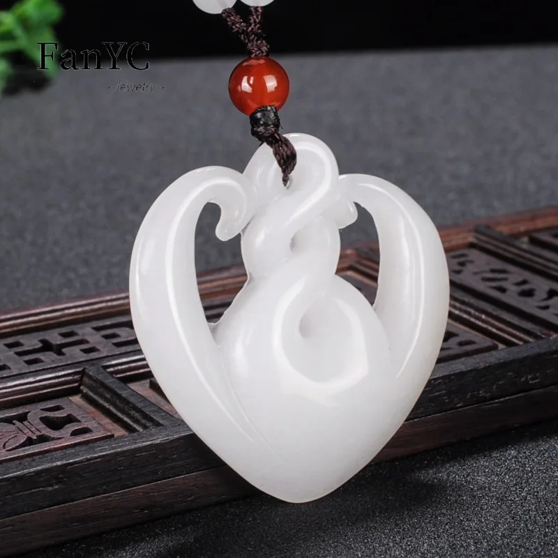 Natural Chinese White Jade Hollow Pendant Dragon Fu Lu Shou Brand Heart Necklace Men\'s and Women\'s Fashion Jewelry Lucky Amulet