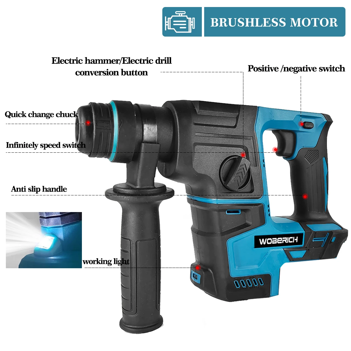 Brushless Handheld Cordless Rotary Hammer Impact Drill Rechargeable Electric Hammer Drill Impact Function for 18V Makita Battery