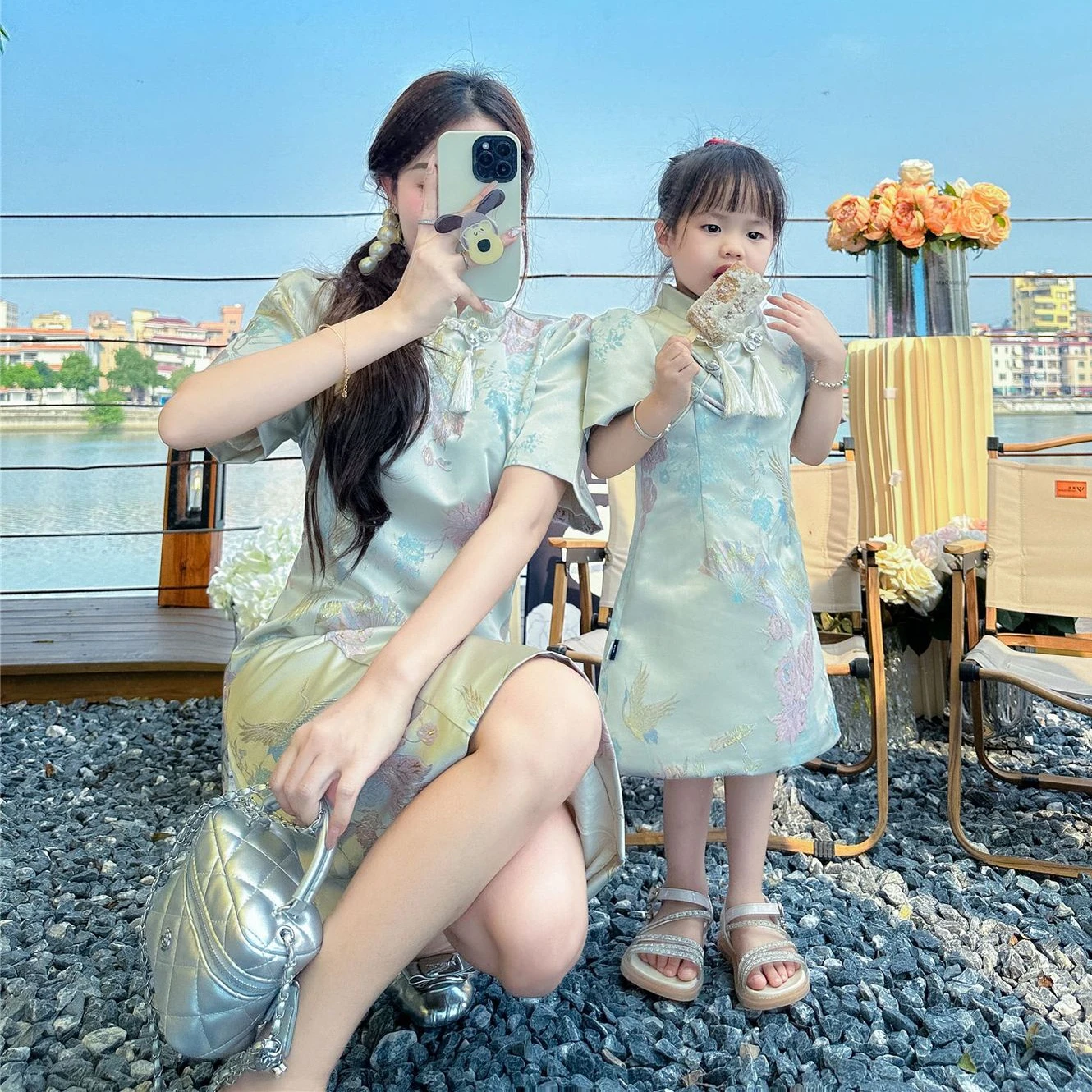 

Mother and Daughter Same Dress Set Fashion Chinese Style Girl and Mom Matching Elegant Dresses 2024 Summer Parent-child Clothes