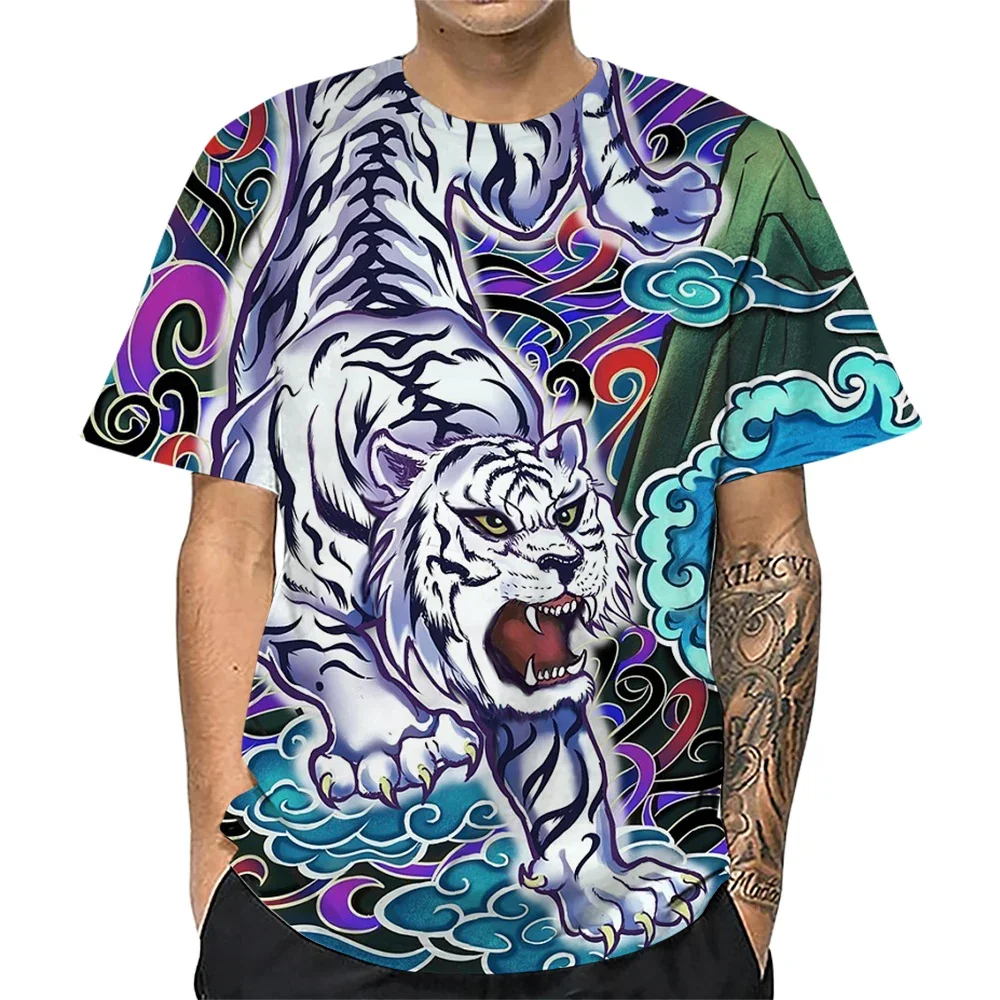 HX Fashion Mens T-shirts Funny Animals White Tiger Art 3D Printed Shirts Summer Short Sleeve Tees Polyester Hip Hop Tops