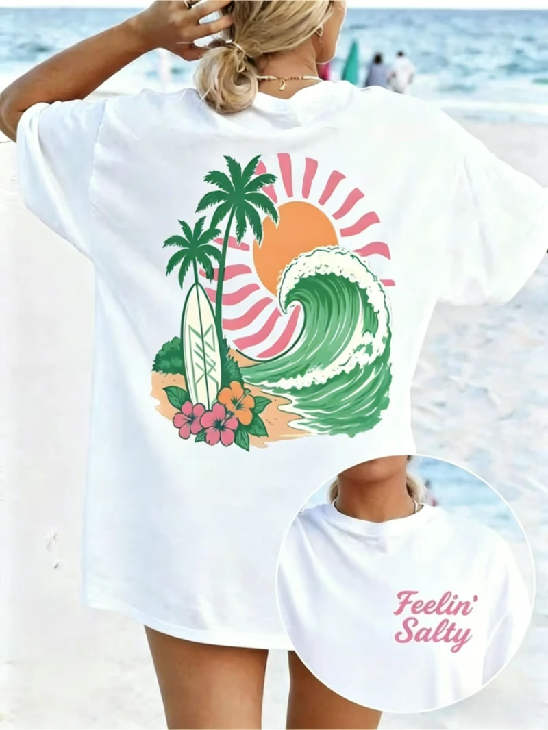 Feelin' Salty Beach Print T-shirt Palm Tree Wave Sun Graphic Short Sleeve Tops Women Spring Summer Vacation Casual Tee