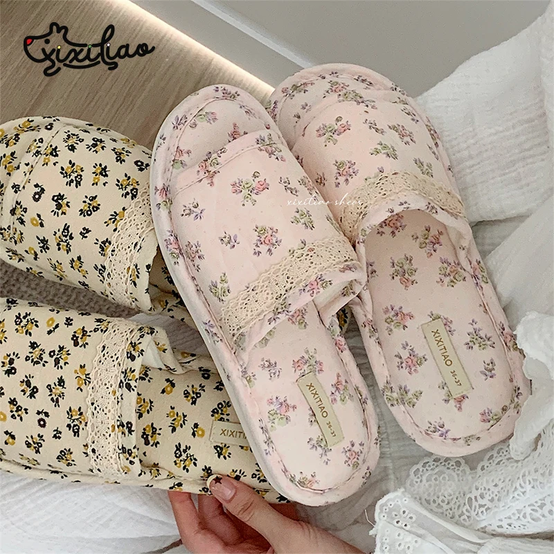 XIXITIAO Ladis Floral Indoor Slippers Soft Comfortable Casual Home Anti Slip Flat Shoes For Women Ruffles Hollow Design Footwear