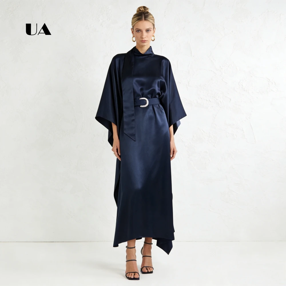 

Asymmetrical Satin Prom Dress with Flare Sleeves, Solid Turtleneck No-Belt Evening Dress for Woman Simple Customized Party Gown