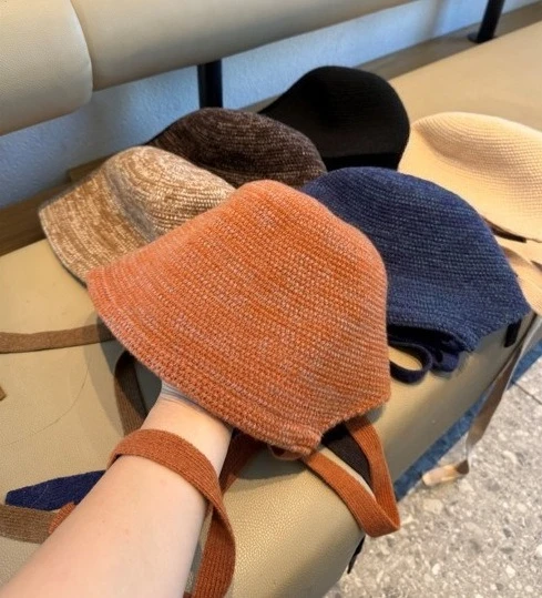 Autumn Winter Wool Blend Knit Fisherman Hat Back Slit Large Head Size Face Slimming Bucket Hat Women Fashion