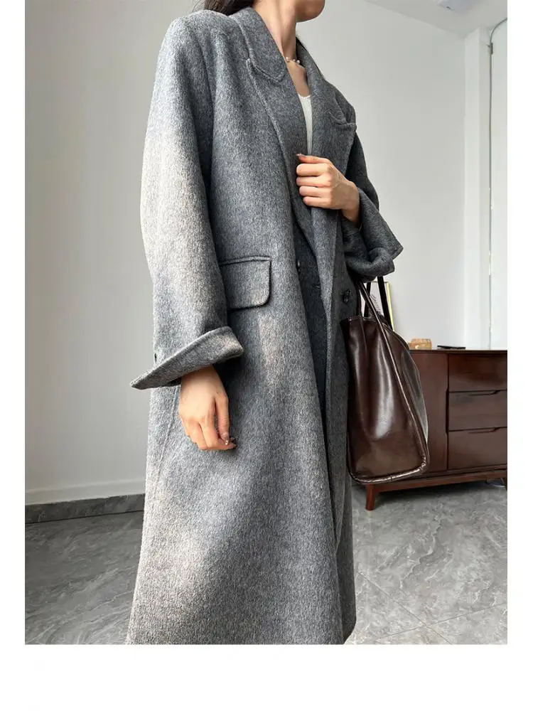 Office Lady Woolen Jackets 2024 Autumn And Winter Suit Collar Double Breasted loose Long Women\'s 100% Wool Coats