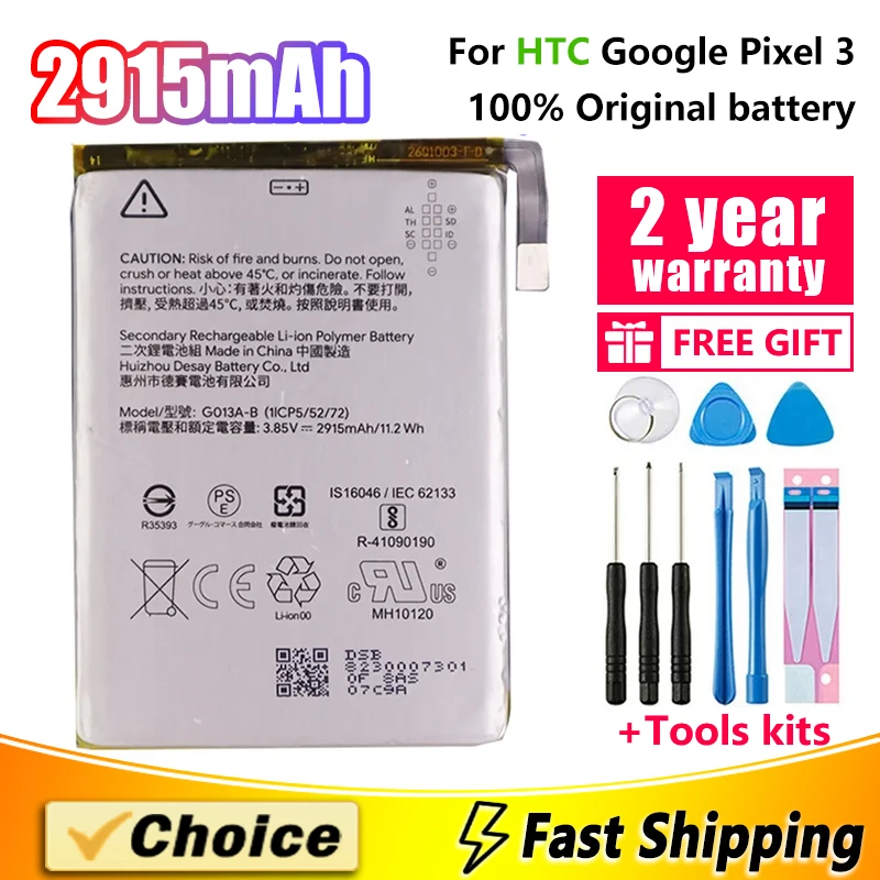 

2915mAh G013A-B 100% Original Battery For HTC GOOGLE Pixel 3 G013B G013A Pixel3,Brand New Replacement Phone Lithium Battery+Tool