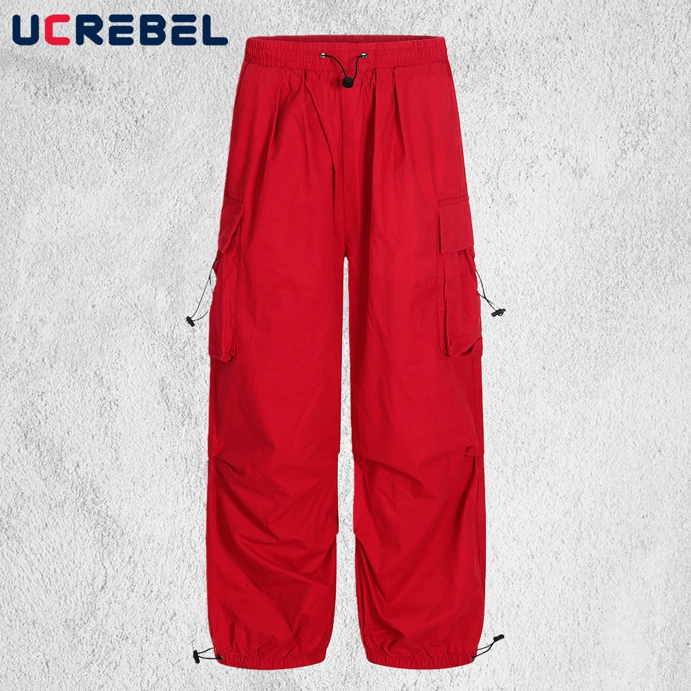 

Плиссированные брюки-карго с карманами, мужские однотонные брюки-карго с эластичной резинкой на талии, мешковатые широкие брюки для бега, мужские брюки