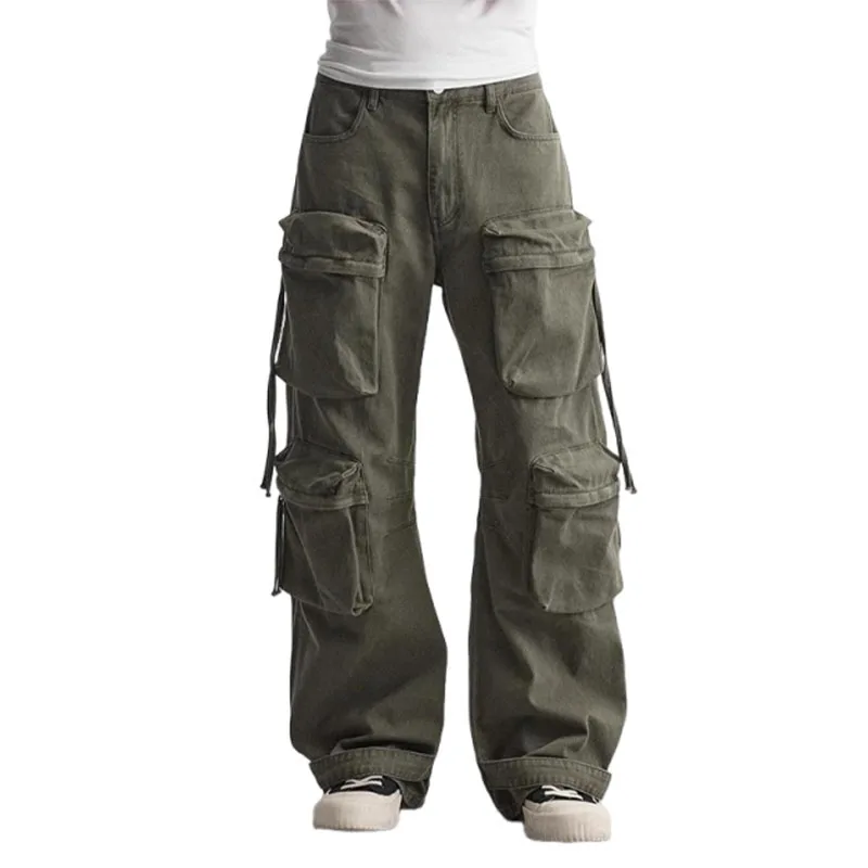 

Мужские винтажные свободные брюки с широкими штанинами, уличная одежда, повседневные брюки в стиле хип-хоп, мужские брюки-карго 2025, брюки с множеством карманов, рабочие брюки