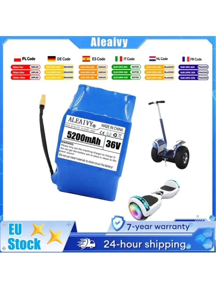 36V 5200mAh Lithium-Hoverboard-Ersatzakku, 36V 10S2P Elektrofahrrad-Akku, Hochleistungs-Lithium-Ionen-Akku für Elektrofahrrad und Hoverboard mit XT60-Stecker