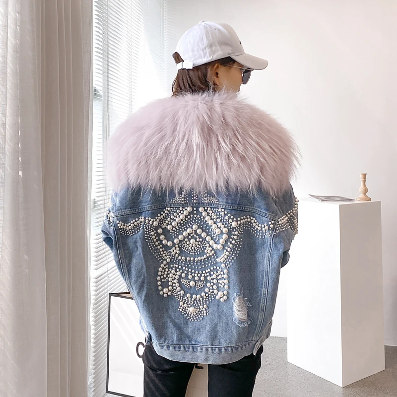 デニムジャケット レディース 本物のファー襟付き 女性用冬用パーカー 新しいフォックスファーコート ビーズ付き 取り外し可能なダウンライナー ストリートウェア 女性用