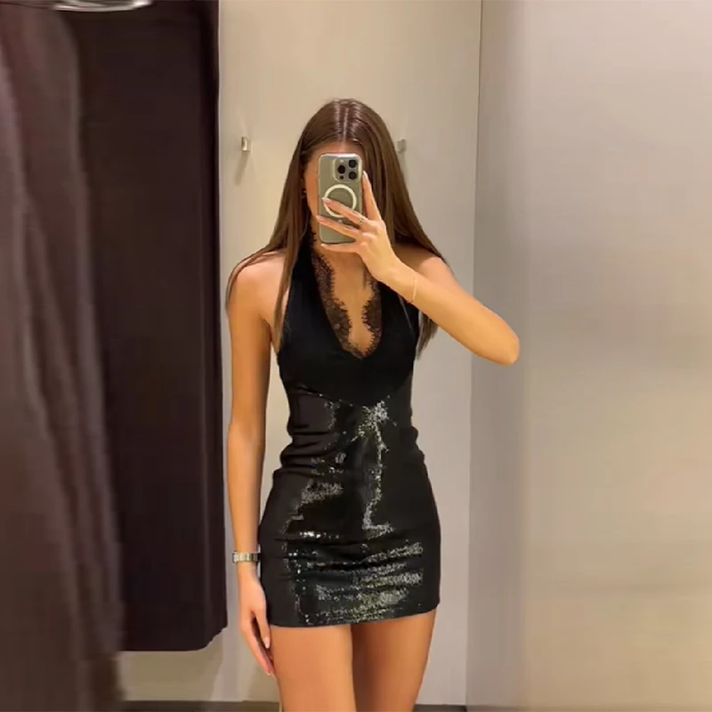 ビーズ刺繍入りネックレス付きショートドレス セクシーな女性用レースパッチワークVネックスカート 新作オフショルダーノースリーブバックレスレディースドレス