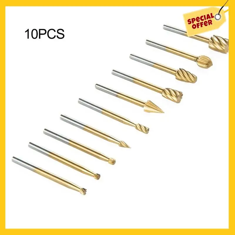 10PCS Carbide Rotary Tungsten Burr Set, 1/4-Head 1/8 Shank Die Grinder Bit Grinding-Head For Carving Metal Polishing