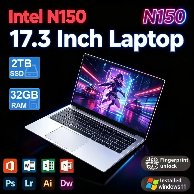 17.3 Inch Full Size Screen Notebook Intel N150 Windows11 32GB RAM 2TB SSD Fingerprint Unlock High‑Performance Work Gaming Laptop
