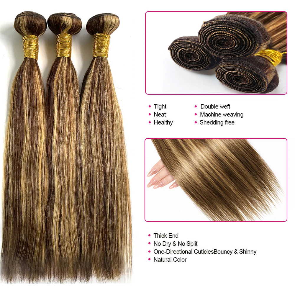 12A Highlight Bundles Straight Human Hair Bundles P4/27 Colored Ombre Blonde Bundles 1/3 Brazilian Hair Extensions Hair Weaves