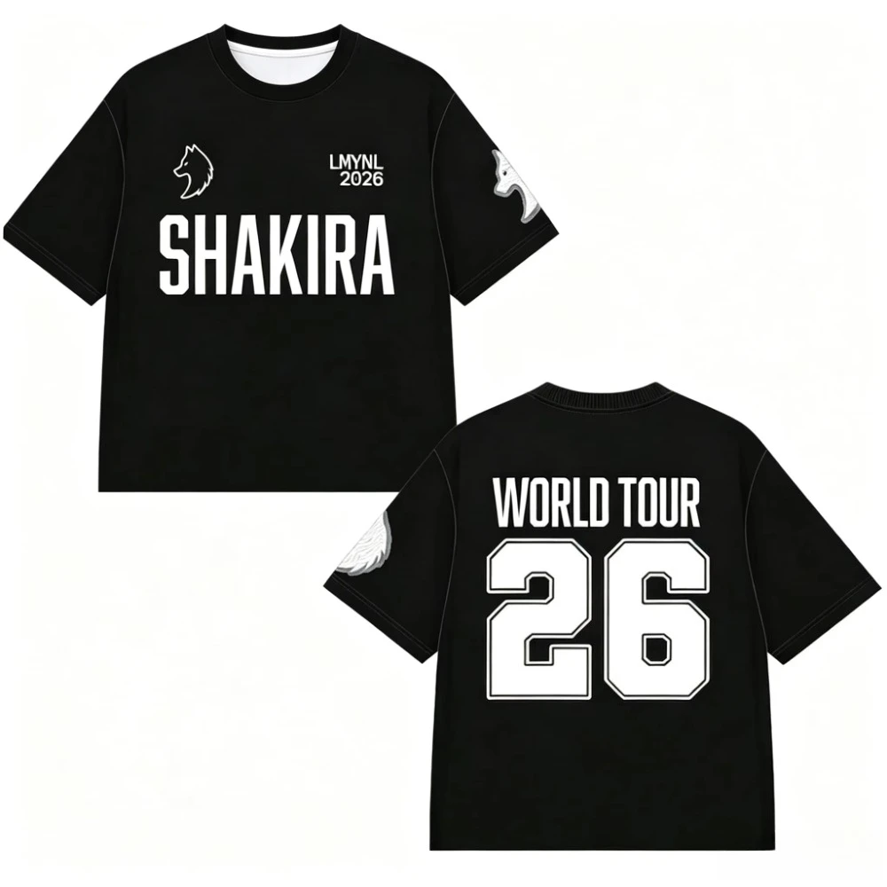 2026 Shakira Dual Sided World Tour 26 Big Number Tee Shirt Wolf Chest Logo Loose Latin Pop Fan Daily Casual Street Outfit