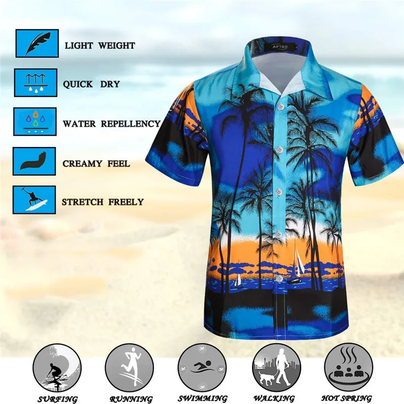 Niebieskie letnie modne męskie hawajskie koszule krótkie guzik na rękawie Palm drzewo kokosowe drukuj plaża Aloha koszule dla par Plus rozmiar 5XL