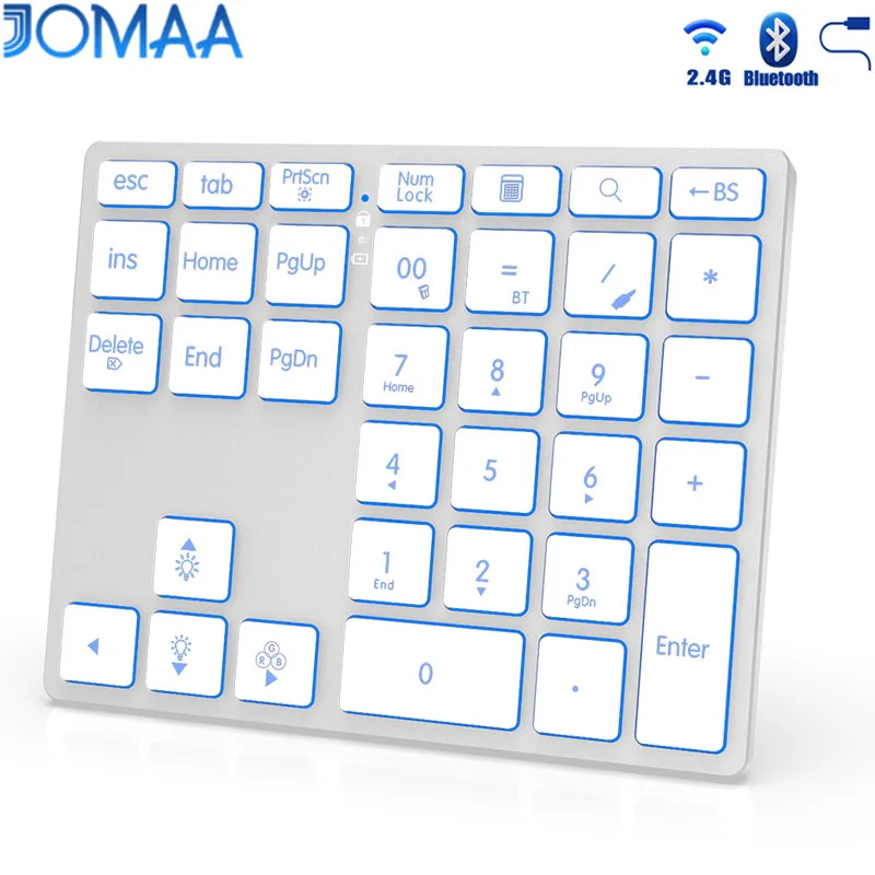 JOMAA 2.4G + Bluetooth Wired Numeric Keypad Wireless Rechargeable Numpad Keyboard for iPad Laptop Wired Number Keyboard