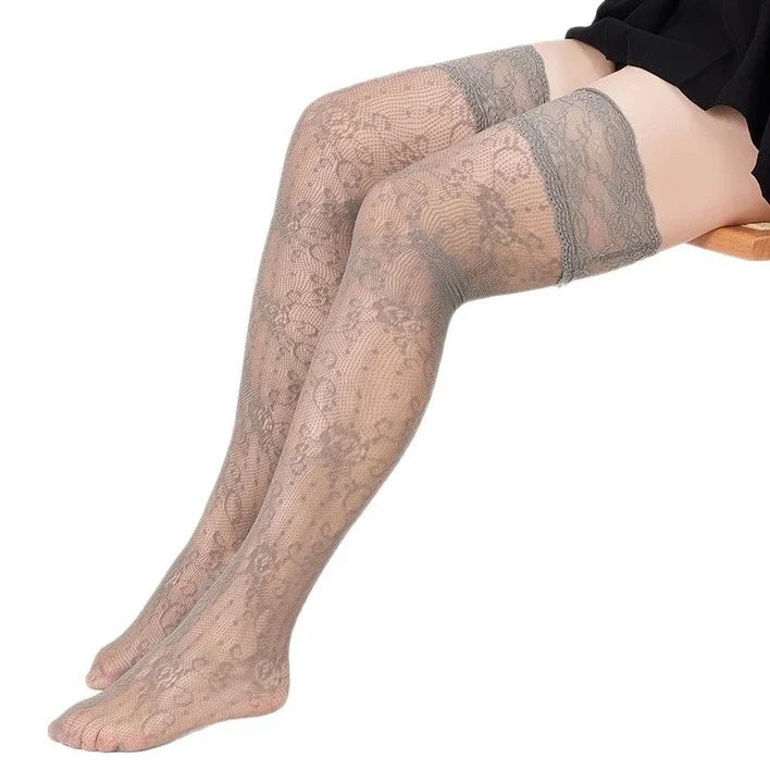 

Women Plus Size Socks Wide Lace Knee High Stockings Grey Hosiery Fashion Fishnet Retro Floral Hollow Breathable Women's Stocking