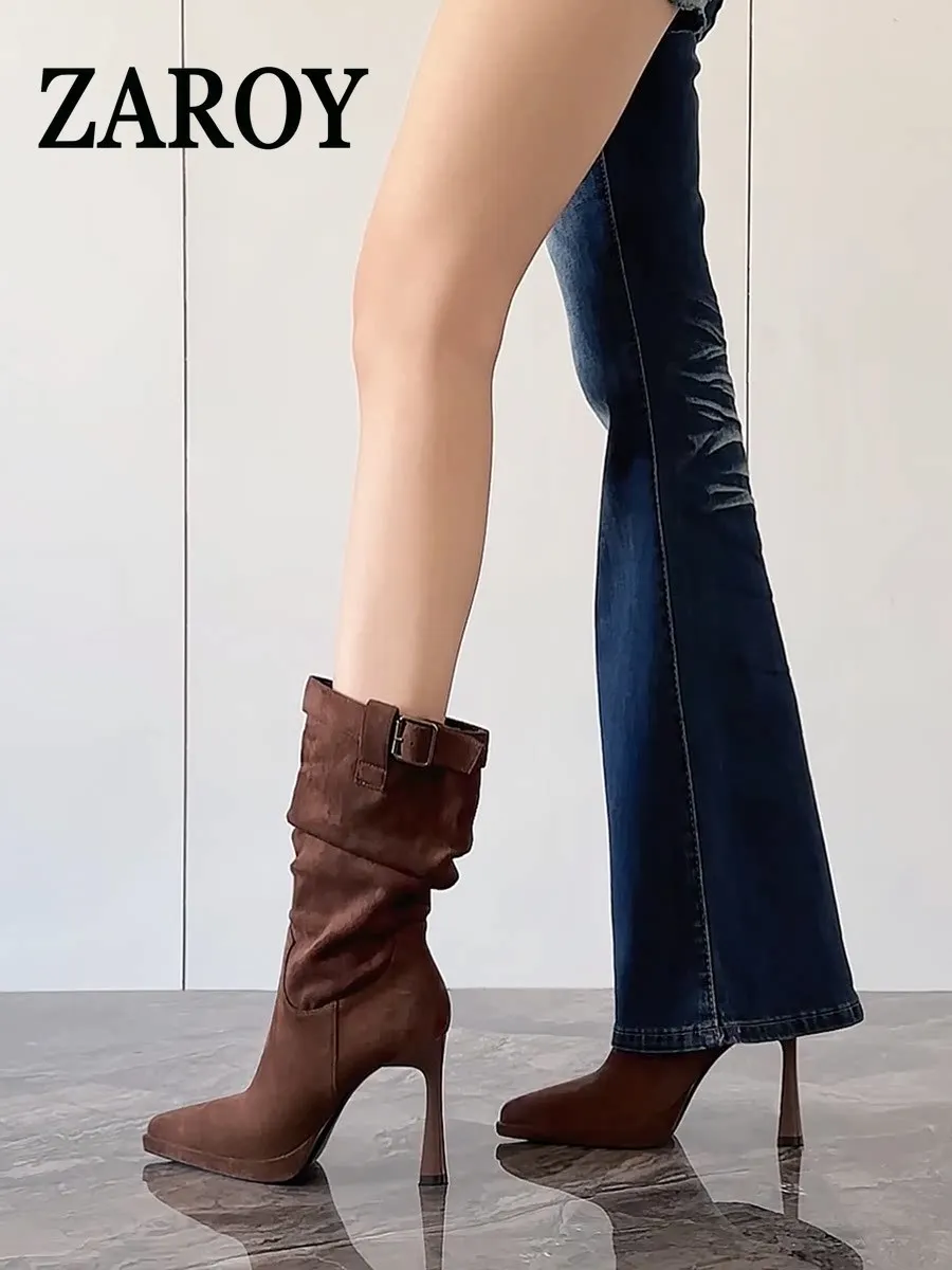 【outlet-clearance】retro-suede-ankle-boots-with-belt-buckles-pointed-toe-high-heels-and-mid-calf-for-women's-new-style