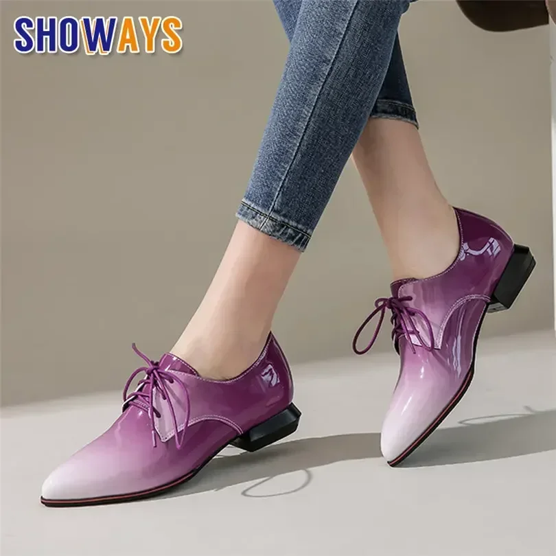 Big Size Women Derbies Gradient Red Purple Patent Leather Flats Casual Office Ladies Vintage Lace-up Pointed Toe Brogues Oxfords