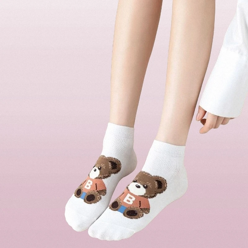 Chaussettes courtes respirantes en coton pour femmes, bateau, ours de dessin animé, chaussettes décontractées, style collège, chaussettes droites, 5/10 paires