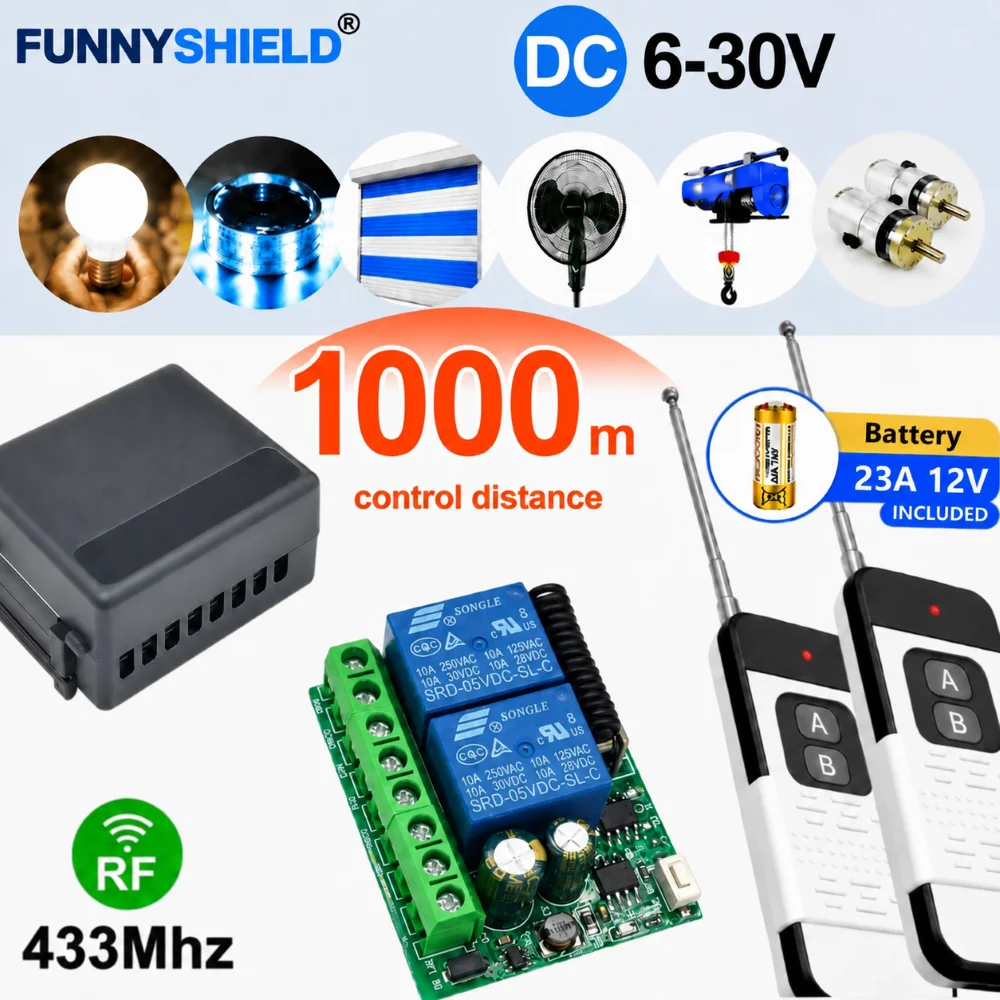 FUNNYSHIELD 433MHz Wireless Remote Control Switch DC 12V 24V 2CH Relay Module 1000m Control Range for Light Garage Gate Fan DIY
