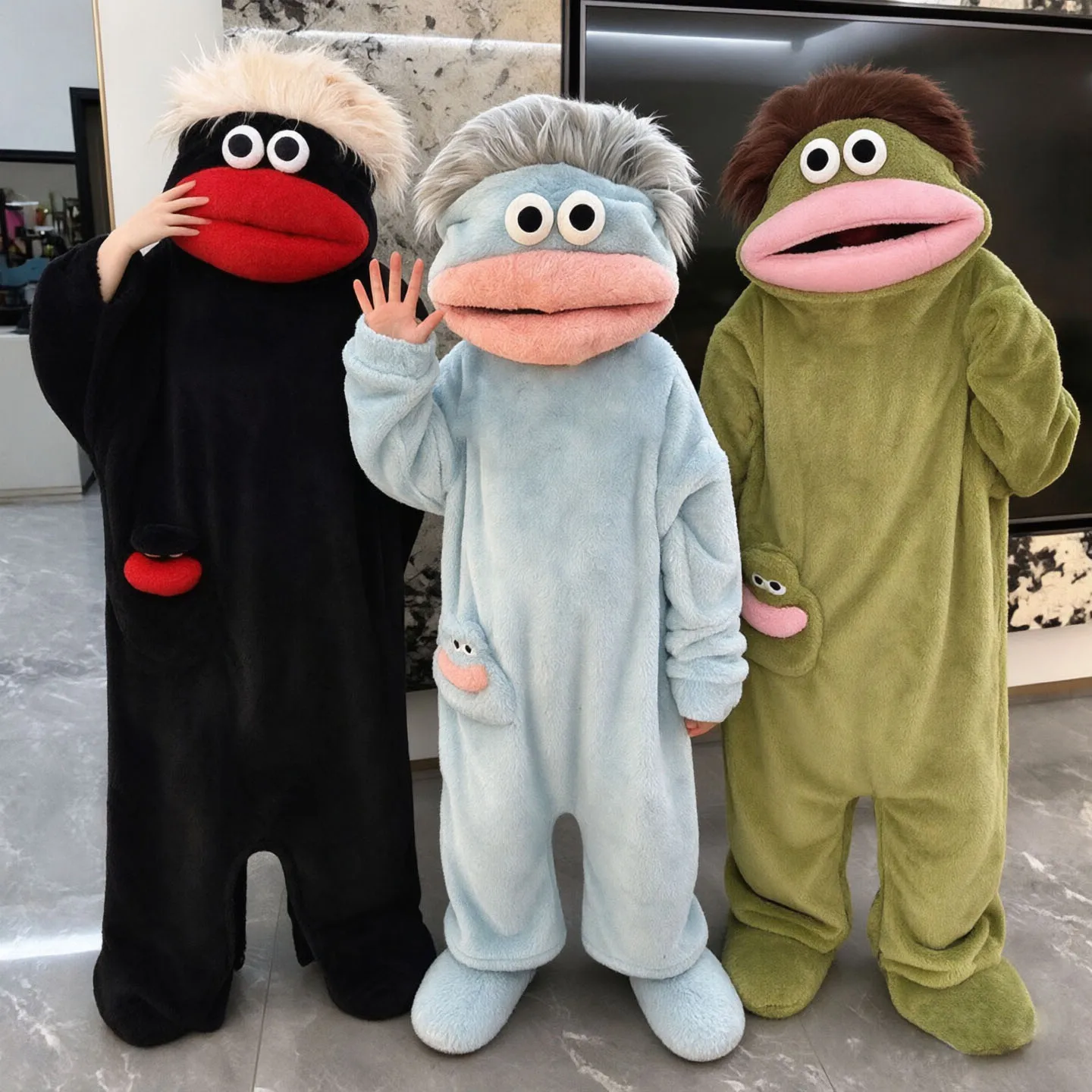 Children's Big Mouth Monster Onesie Pajamas Cartoon Sand Sculpture Couple's Sleepwear Soft Coral Fleece Home Clothes Robe wit...