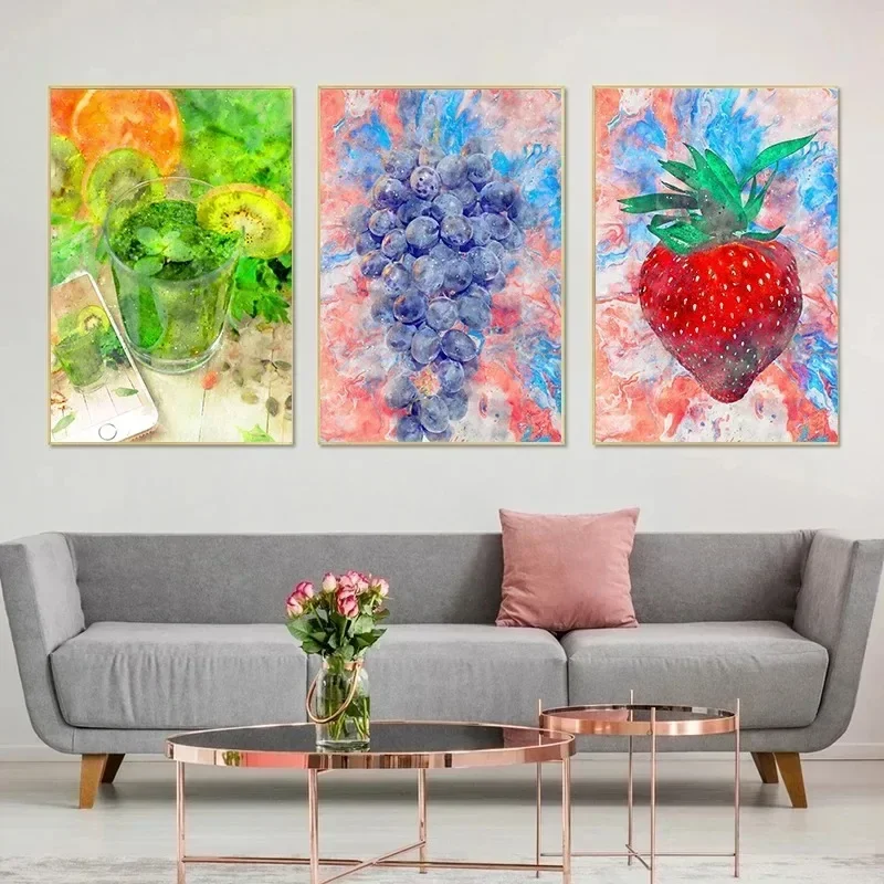 Nordic Fruit Poster Watercolor Coconut Strawberry Cherry Grape Wall Art Canvas Painting Prints Picture Kitchen Office Home Decor