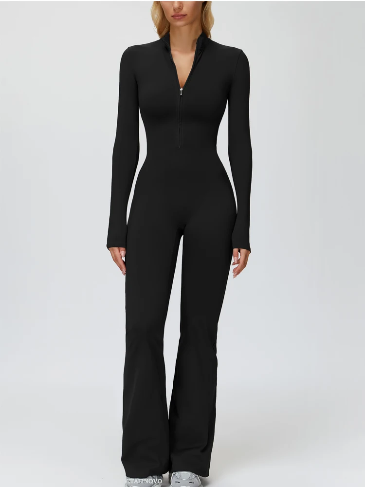 VITALINOVO Damen-Overall mit langen Ärmeln, Flare-Workout-Overall, Reißverschluss, Strampler, Hose, weites Bein, Ganzkörper-Body, figurbetont, einteilig – Detail 10