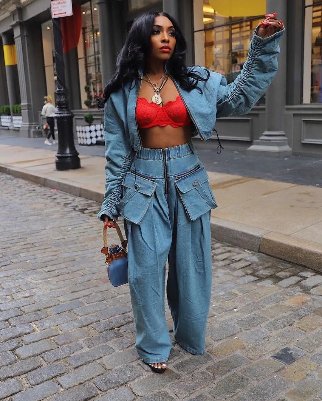 2023 Women\'s Loose Denim Two Piece Set Vintage Zipper Turtleneck Crop Top + Pockets Wide Leg Pants Streetwear Outfits Y2K Femme