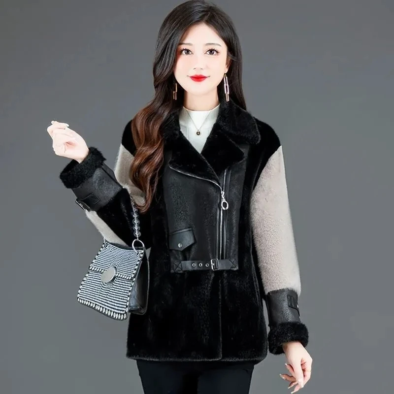 New Autumn Winter Fur One Motorcycle Short Jacket Outwear Women's Stitching Contrast Color European Mink Fleece Motorcycle Coat