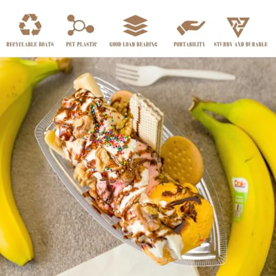 Pack Disposable Banana Split Boats, Ice Cream Sundae Bowls, and Clear Plastic Disposable Dessert Bowls for Parties, Concession view 4