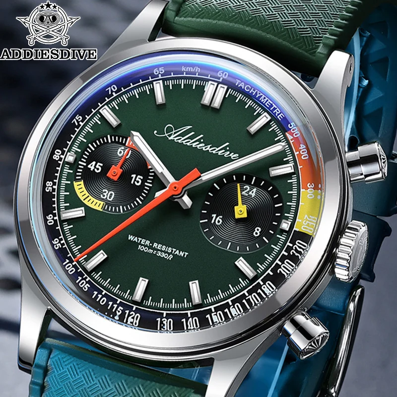

ADDIESDIVE Мужские часы VK64 Хронограф Фторкаучук Новые 38 мм Роскошные куполообразные стекла BGW9 Светящиеся 100 м Водонепроницаемые кварцевые наручные часы