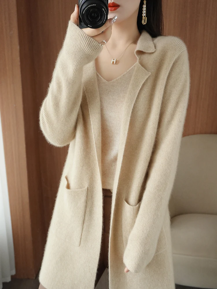 Cashmere Sweater Ladies Lapel Cardigan Spring and Autumn New Buttonless Jacket Casual Knitted Loose Korean Fashion Pure Wool Top