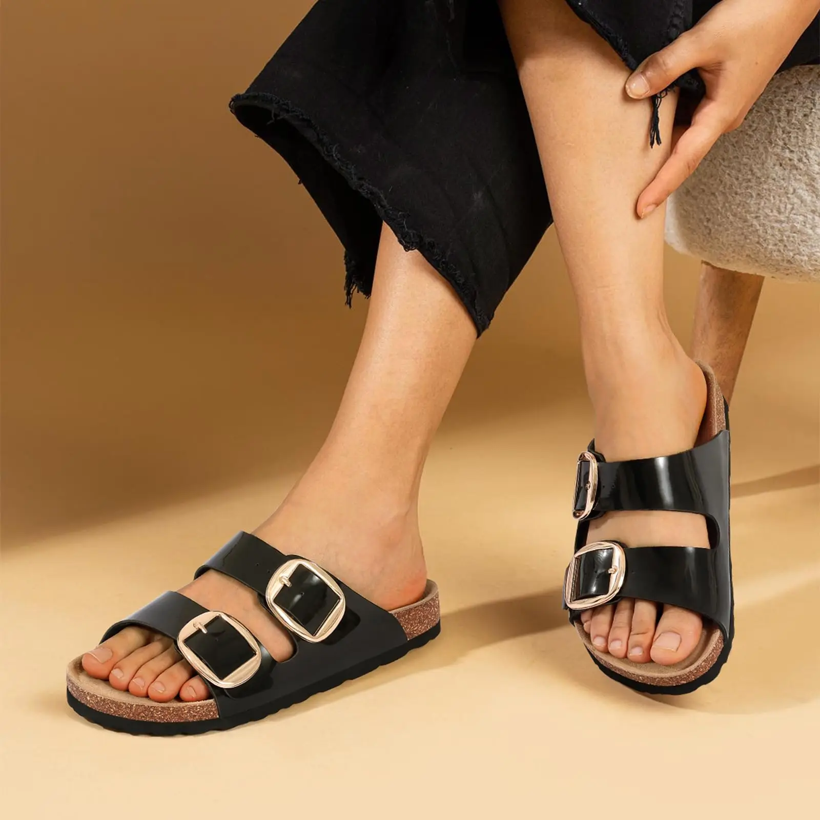 Shevalues Damen Sommer-Korksandalen mit Fußgewölbestütze, Outdoor-Leder-Strandsandalen mit großer Schnalle, bequeme Kork-Fußbett-Slipper – Detail 9
