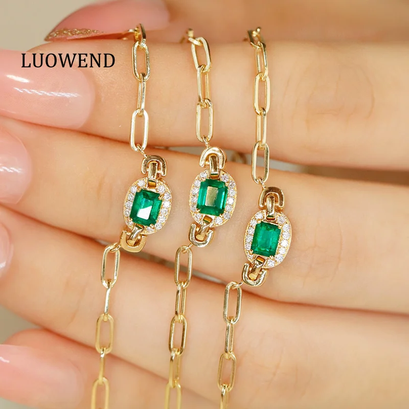 LUOWEND 100% 18K Yellow Gold Necklace Fashion INS Style Shiny Diamond Jewelry Natural Emerald Necklace for Women Wedding Party