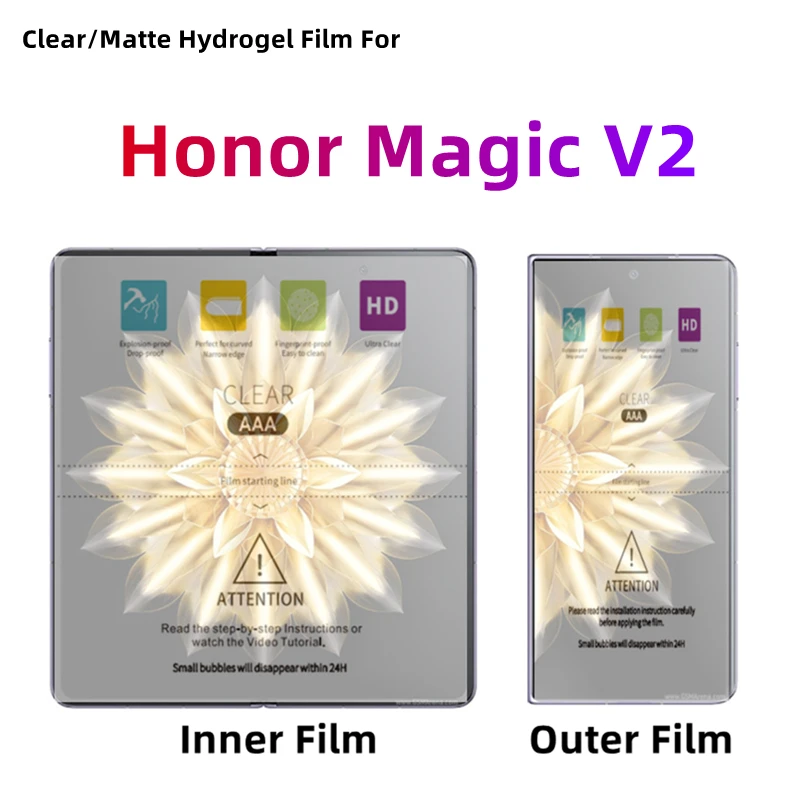 Inner + Outer Clear Hydrogel Film For Honor Magic V2 Matte Protective Film Folding Phone Honor Magic V2 HD Screen Protector