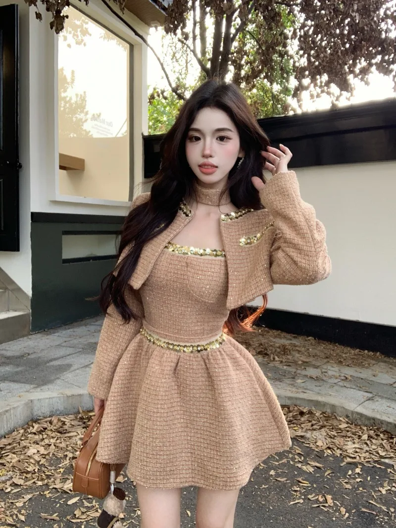 

French Elegant New Women 3 Piece Sets Luxury Long Sleeve Tweed Jacket + Short Slim Camisole + High Waist A Line Mini Skirt Suit