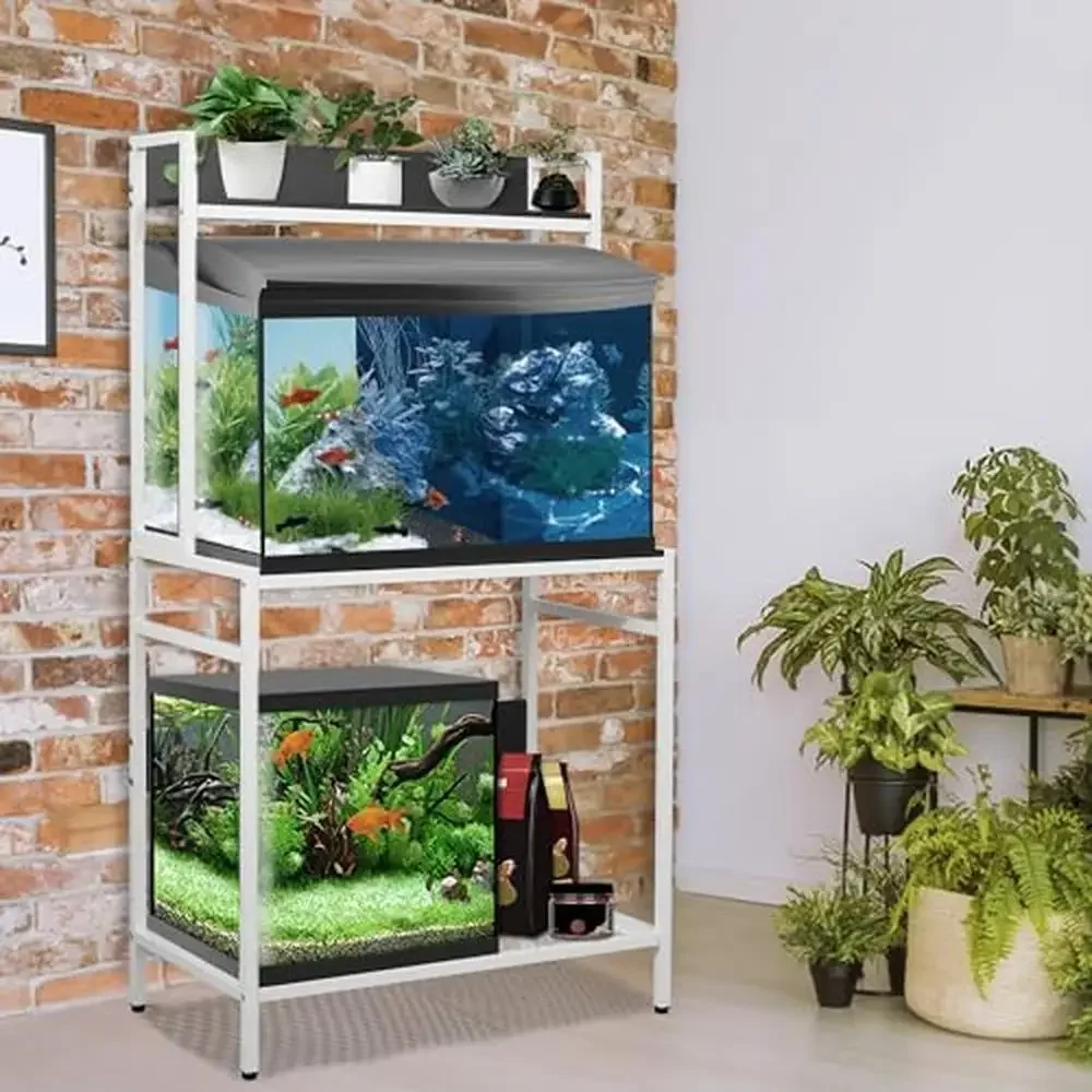 3-Tier Metal Frame Aquarium Stand 20-29 Gallon Fish Tank Heavy Duty Storage Rack with Stable Design Black and White Iron Pipe