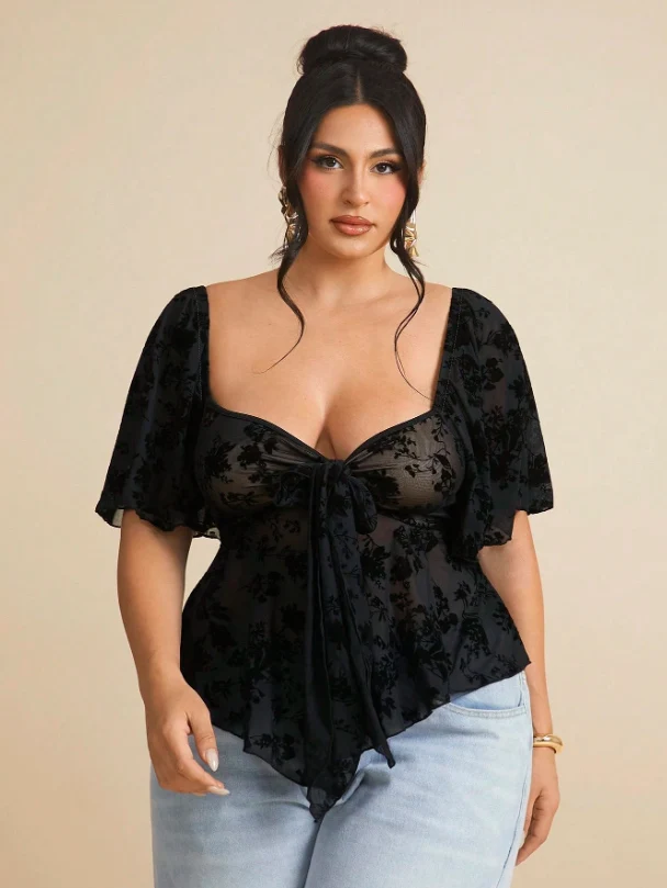 Plus Size Women's Sheer Mesh Top Black Velvet Flocked Floral Print Sweetheart Square Neck Ruffle Flutter Sleeves Bust Self-Tie H