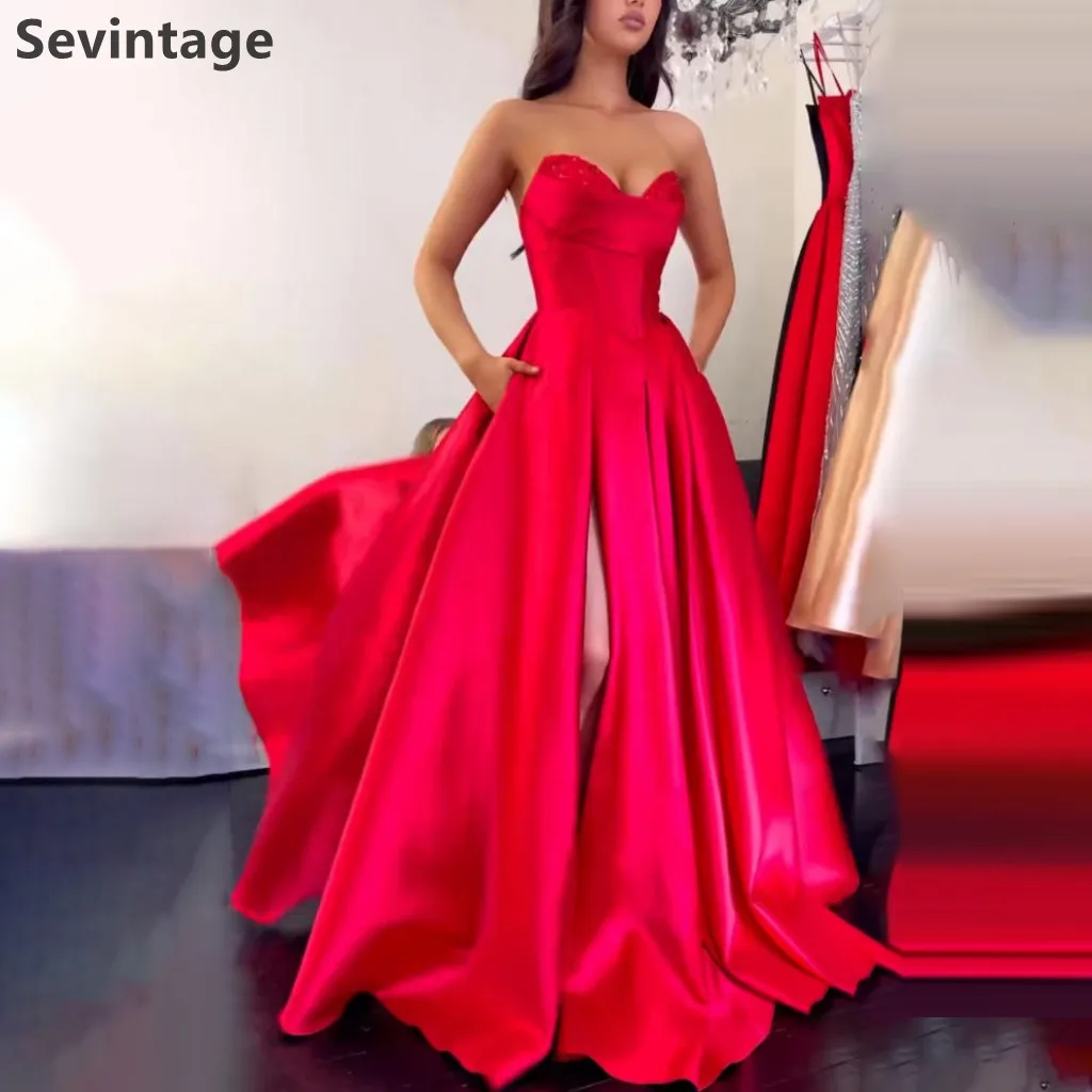

Sevintage 2025 Red Satin A Line Maxi Evening Dress Beaded Sweetheart Prom Gown For Wedding Farmol Party Dress Customized
