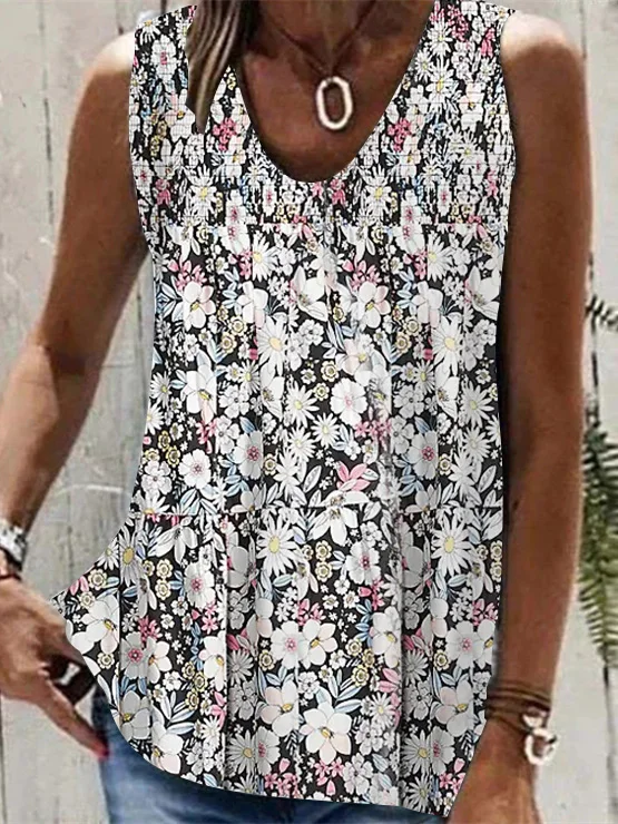 Plus Size Women's Sleeveless V Neck Floral Print Tank  Vest