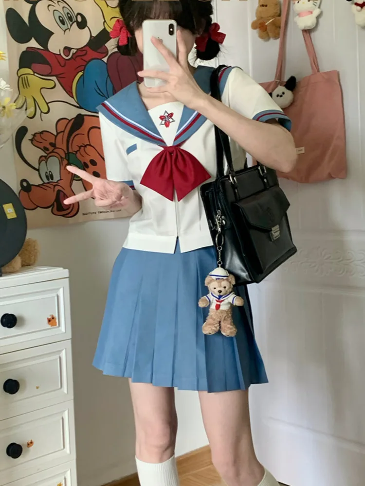 Pleated Skirt Jk Uniform Summer Sailor Suit Short Sleeved Skirt With Bow Tie Cute Kawaii Blue White Freshness Japanese Student