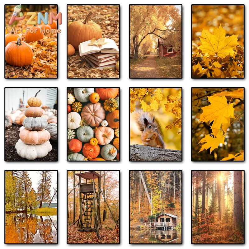 AZNM Autumn Fall Pumpkin Maple Leaf Squirrel Forest Landscape Canvas Wall Art, Nature Scenery Poster, Modern Home Bedroom Living