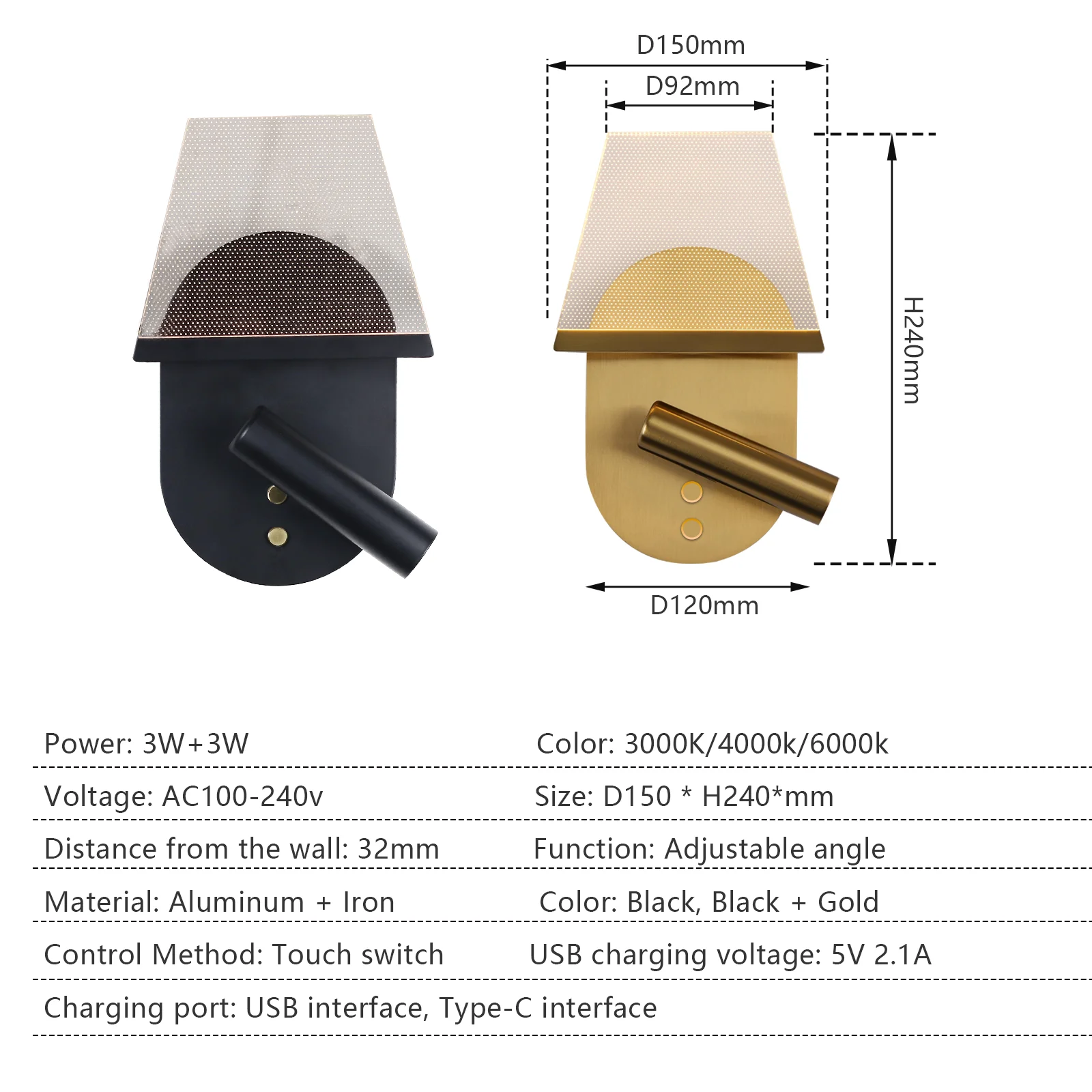 

3W LED AC85-265V Working Study Bedside Reading Wall Lamp Sconces Night Light Fixtures Book Lamp Cord or Wireless LED