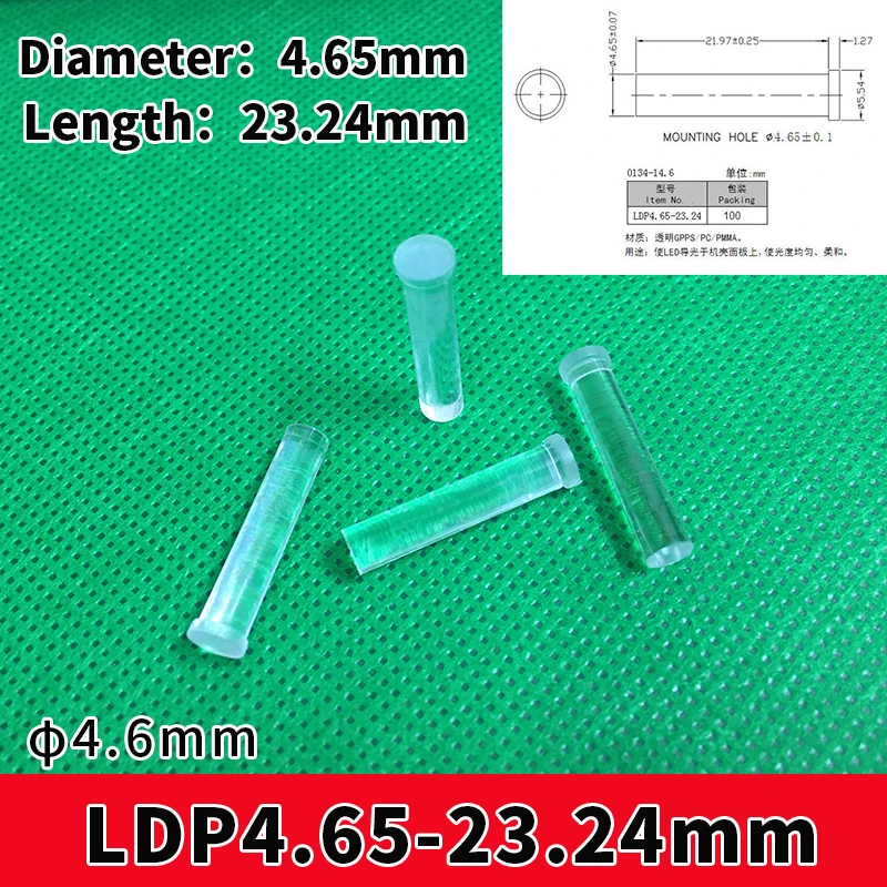 LED Diode Light Pipe para 4.6mm LED Diode Tube, Abajur Substituir, 23.24mm Comprimento, Cor Clara, 4.65mm Comprimento, LDP4.65-23