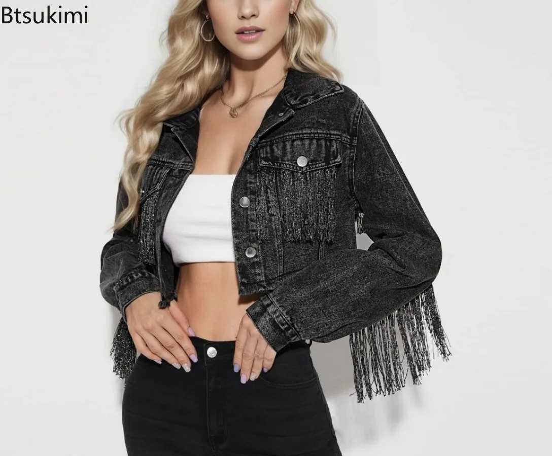 

Spring Women Cropped Denim Jacket Turn Down Collar Single Breasted Jacket Long Sleeve Distressed Fringe Jean Coats Streetwear
